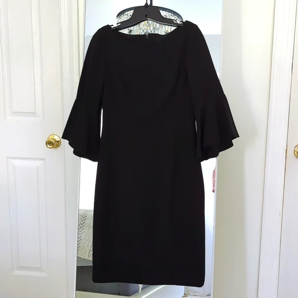 alex marie black dresses Alex Marie 22W Black Chiffon Vneck Short Cape Sleeve Dress Gold Buckle S198